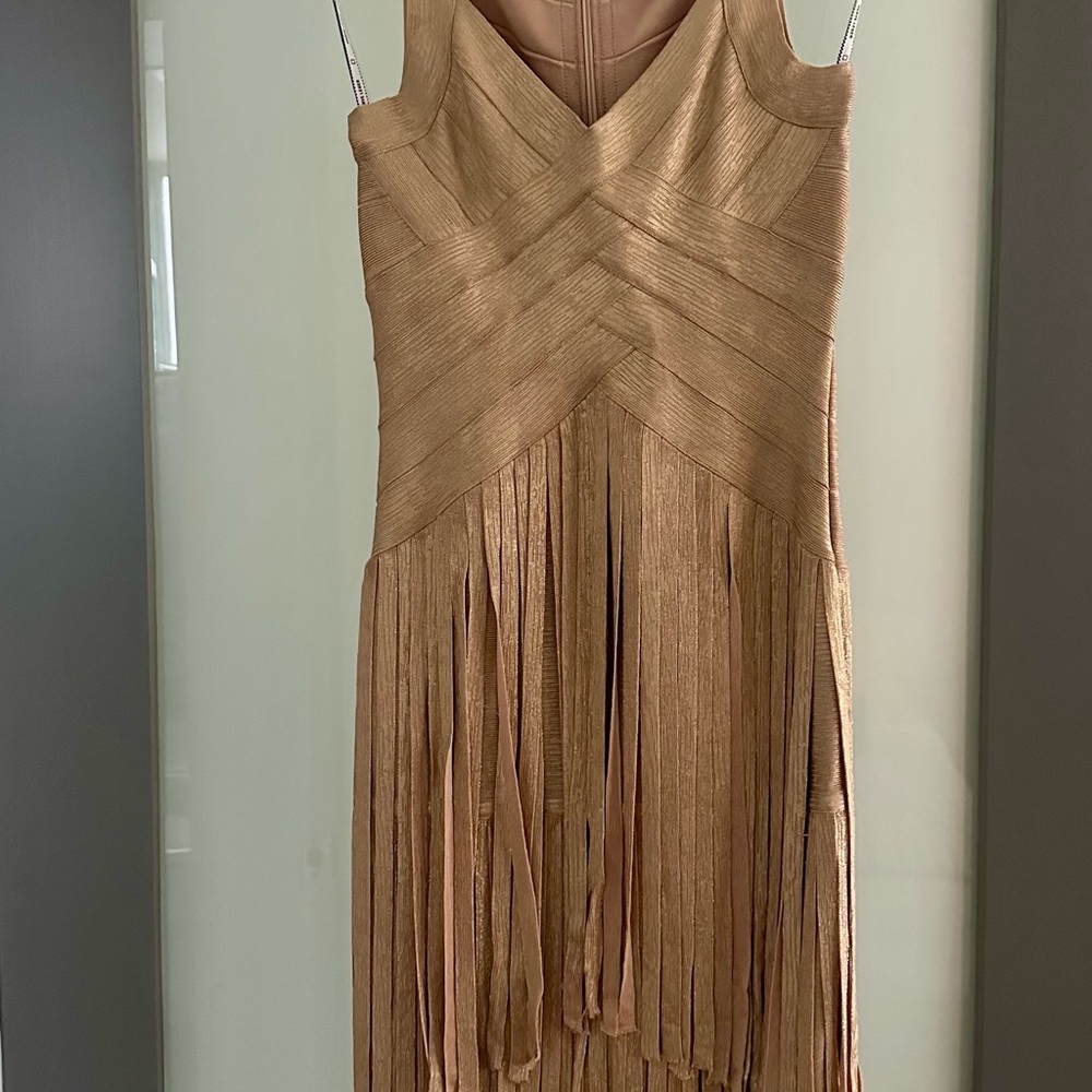 Herve Leger Gold Asymmetrical Fringe Dress